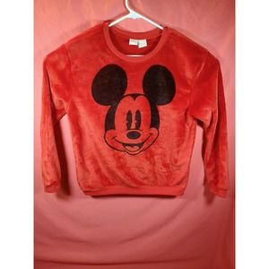 Disney Fleece Mickey Mouse Top Juniors Size Medium Red Sweater Face Long Sleeves